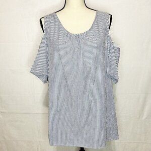 Vanilla Bay Blue White Striped Seersucker Cold-Shoulder Top Tunic Size L
